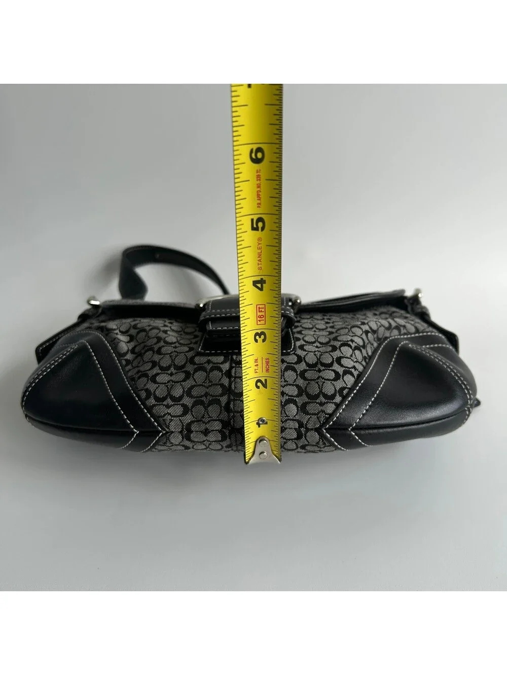 Coach Soho Black Grey Signature Monogram Shoulder Bag Leather Trim Buckle Purse